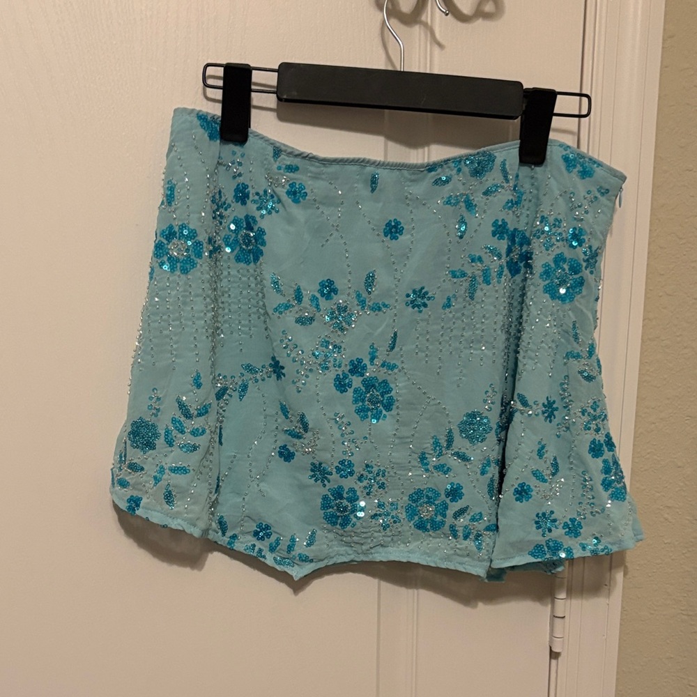 Missguided Turquoise Sequin Floral Mini Skirt